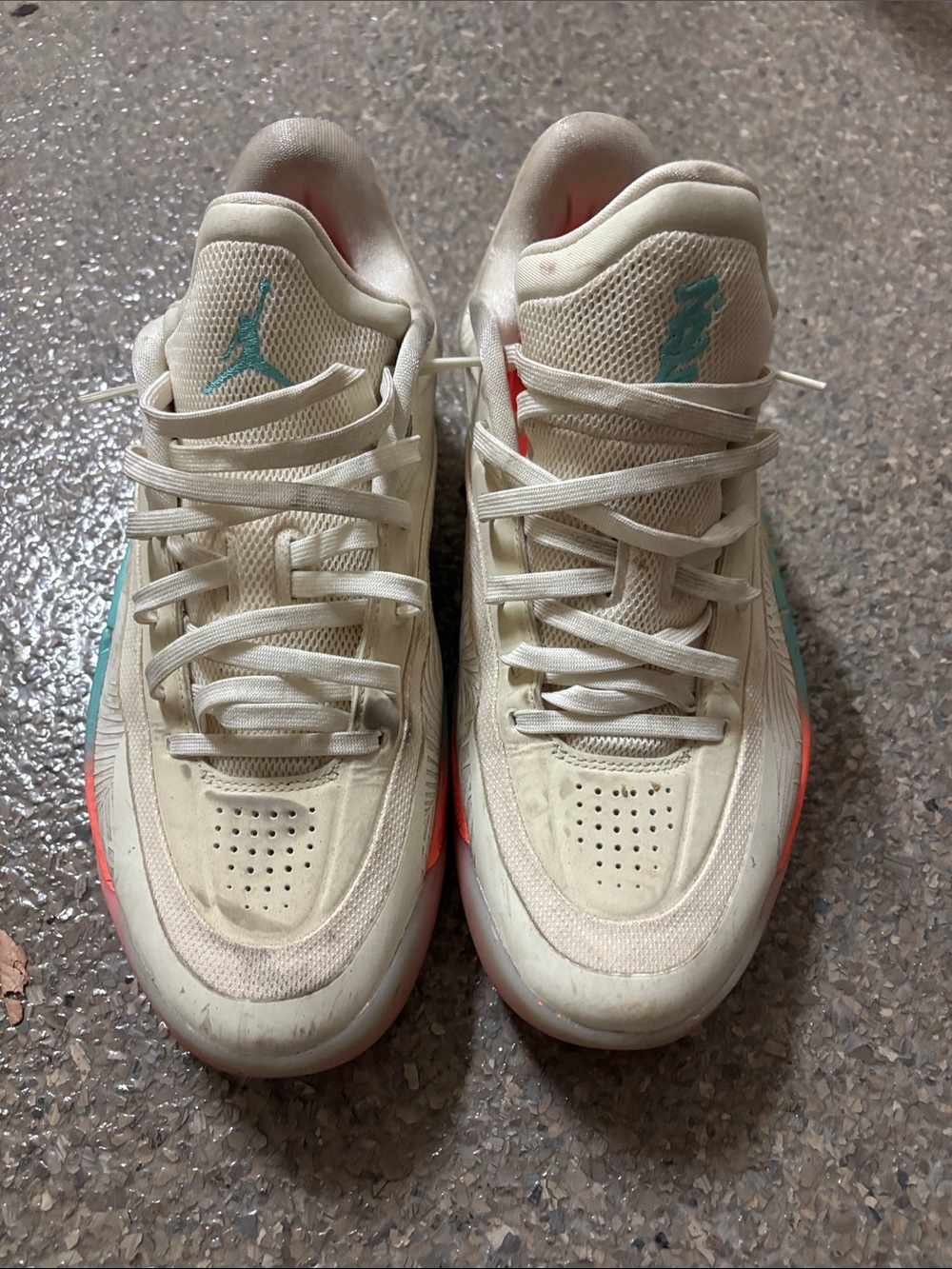 Nike Men's Low-Top Jordan’s Sneakers in Cream with Teal and Coral Accents